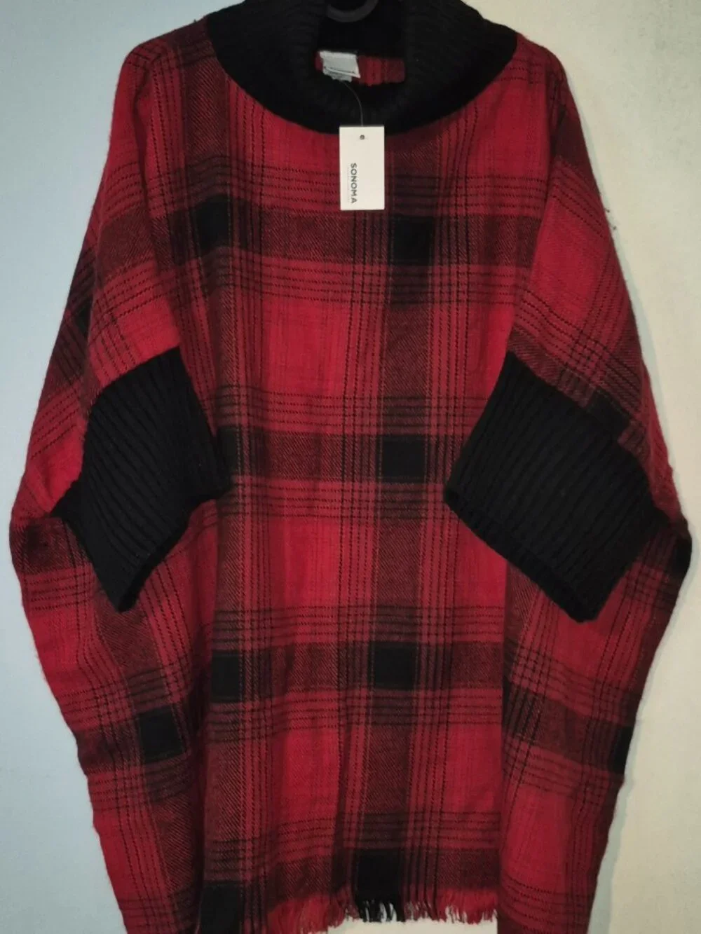 Sonoma Turtleneck Poncho w/Arm Openings Red & Black Plaid Cold Weather Wear NWT